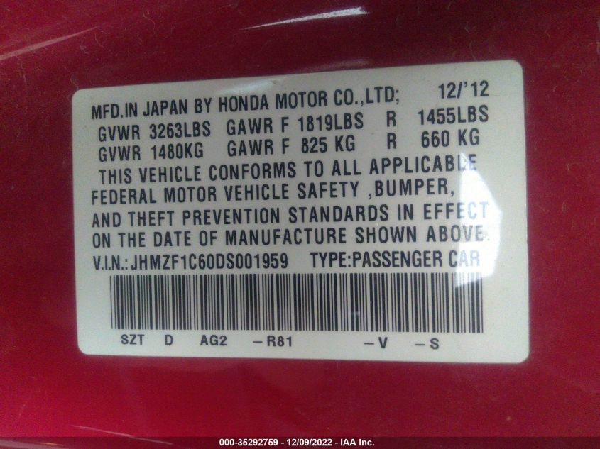 2013 HONDA CR-Z EX JHMZF1C60DS001959