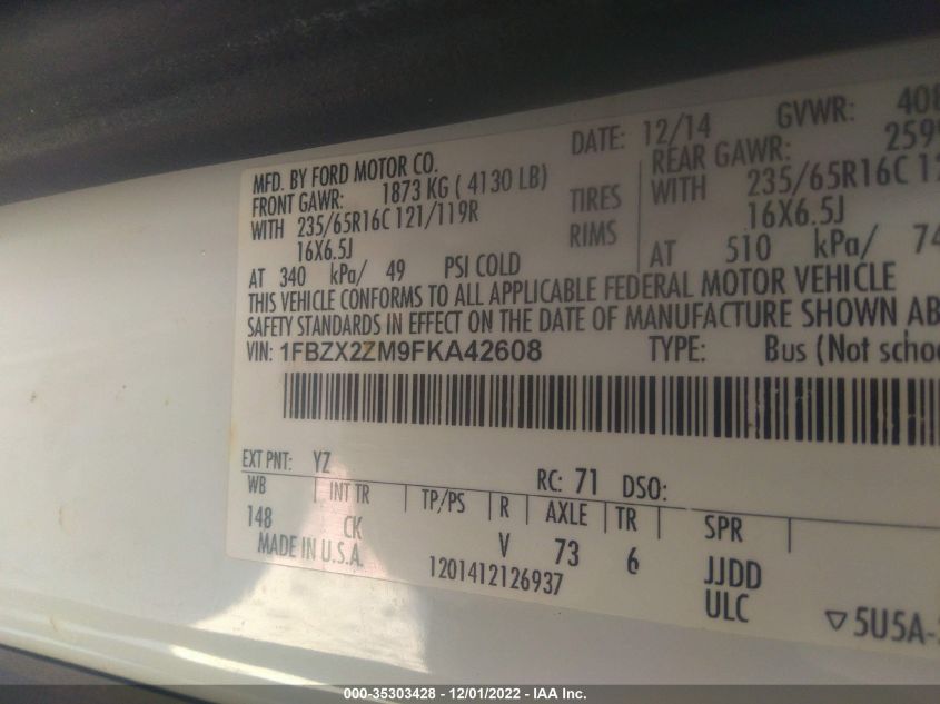 2015 FORD TRANSIT WAGON XL/XLT 1FBZX2ZM9FKA42608