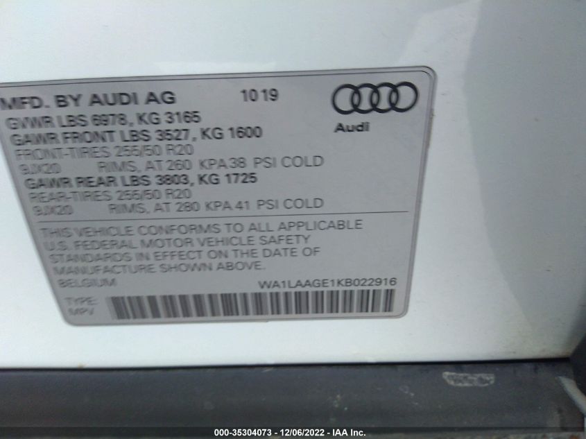 2019 AUDI E-TRON PREMIUM PLUS WA1LAAGE1KB022916