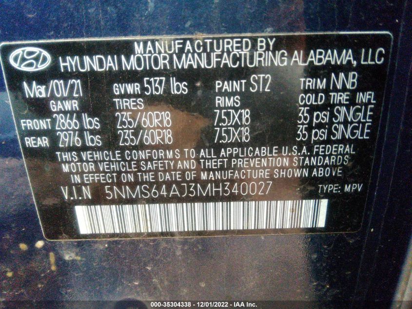 VIN 5NMS64AJ3MH340027 2021 HYUNDAI SANTA FE no.9