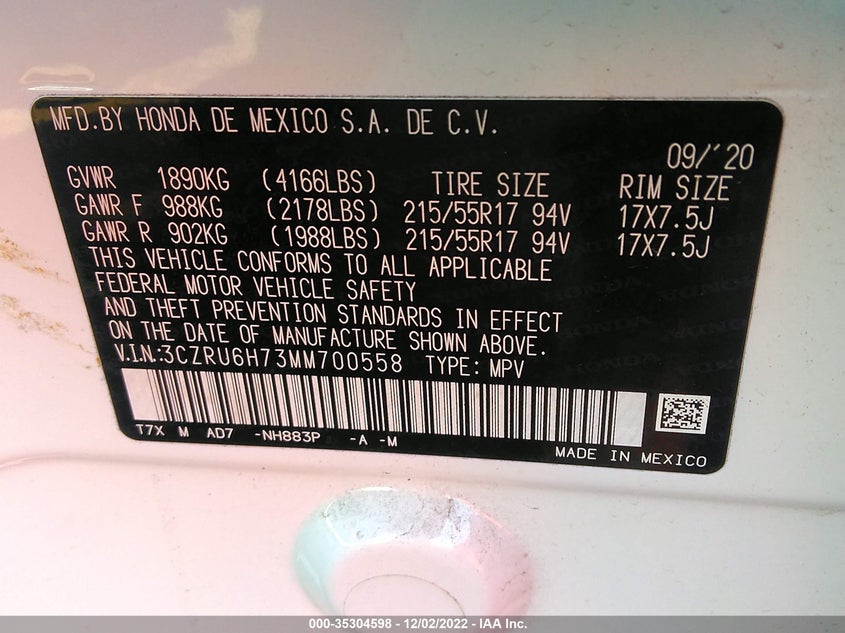 VIN 3CZRU6H73MM700558 2021 HONDA HR-V EX-L