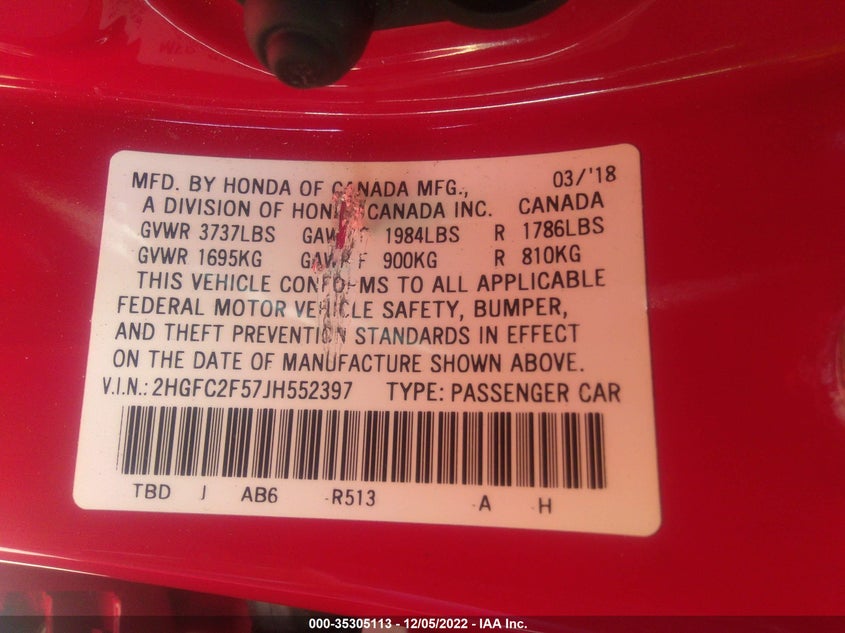 VIN 2HGFC2F57JH552397 2018 HONDA CIVIC SEDAN LX