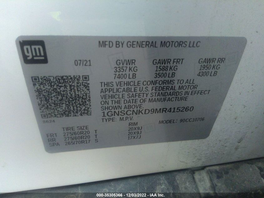 2021 CHEVROLET TAHOE LT 1GNSCNKD9MR415260