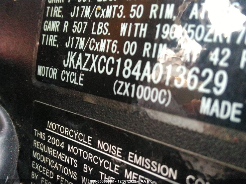 2004 KAWASAKI NINJA ZX 10R JKAZXCC184A013629