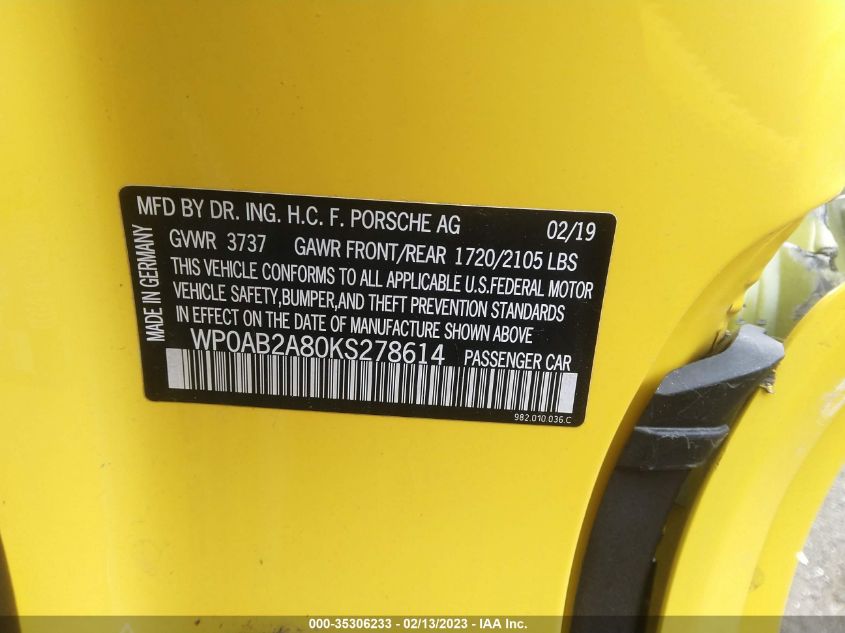 2019 PORSCHE 718 CAYMAN S/GTS WP0AB2A80KS278614