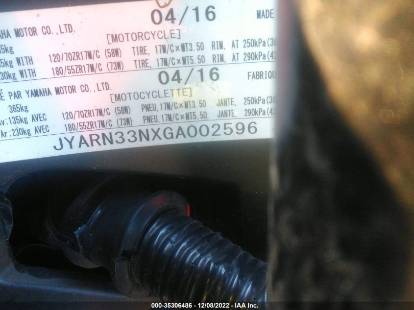2016 YAMAHA FZ09 JYARN33NXGA002596