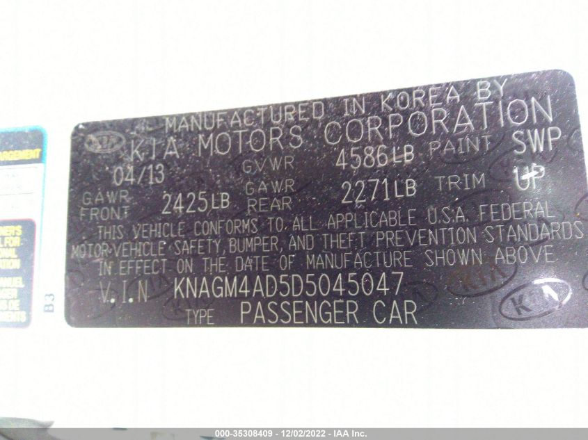 2013 KIA OPTIMA HYBRID LX KNAGM4AD5D5045047