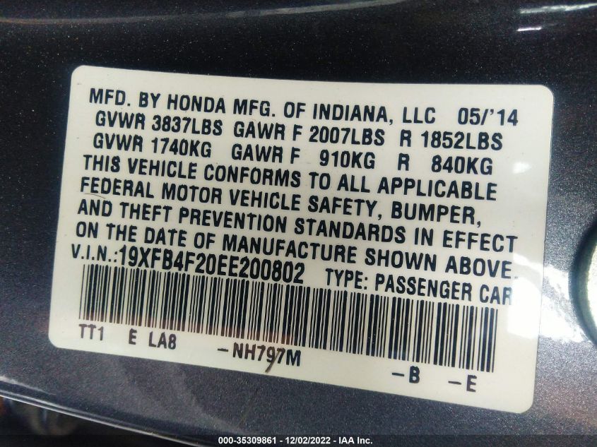2014 HONDA CIVIC HYBRID 19XFB4F20EE200802