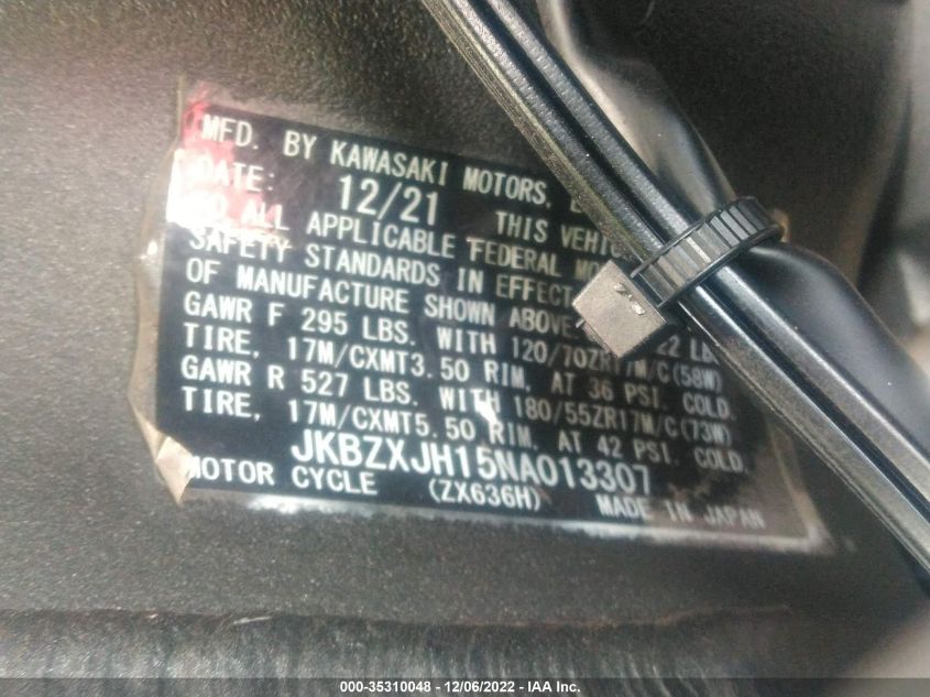 2022 KAWASAKI ZX636 K JKBZXJH15NA013307