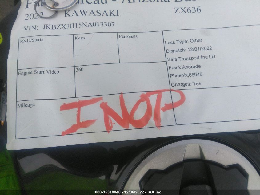 2022 KAWASAKI ZX636 K JKBZXJH15NA013307