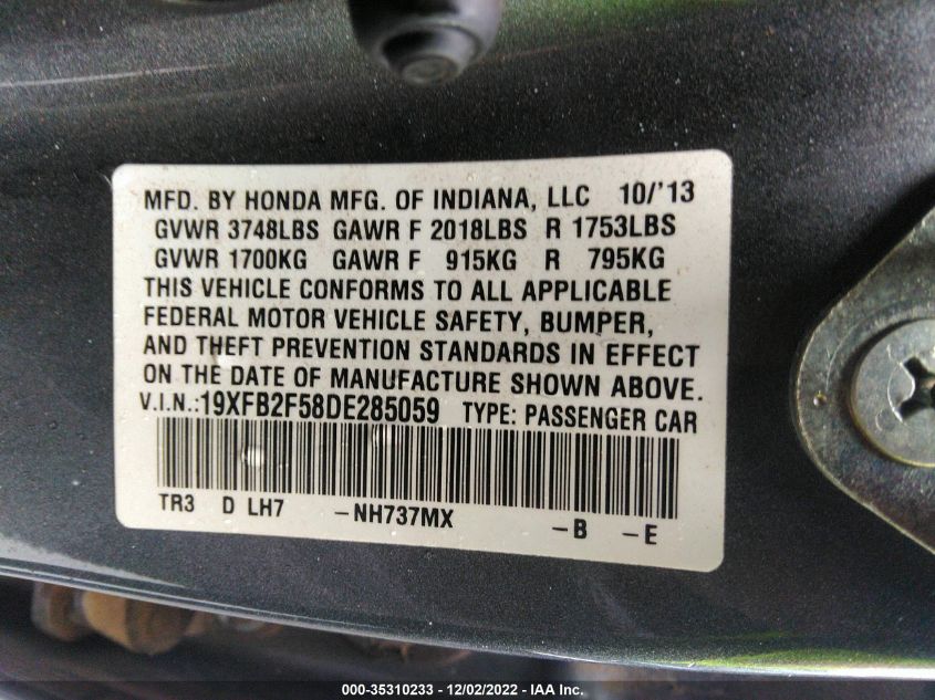 2013 HONDA CIVIC SDN LX 19XFB2F58DE285059