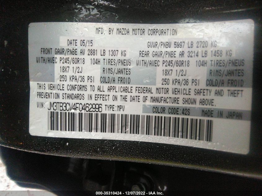 2015 MAZDA CX-9 TOURING JM3TB3CV4F0462996