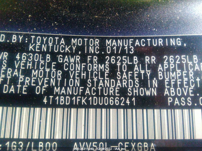 2013 TOYOTA CAMRY HYBRID LE/XLE 4T1BD1FK1DU066241
