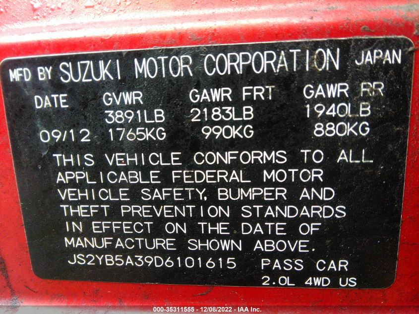 2013 SUZUKI SX4 CROSSOVER JS2YB5A39D6101615