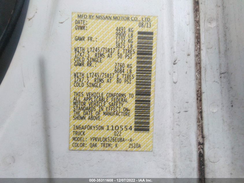 2013 NISSAN NV S 1N6AF0KY5DN110554