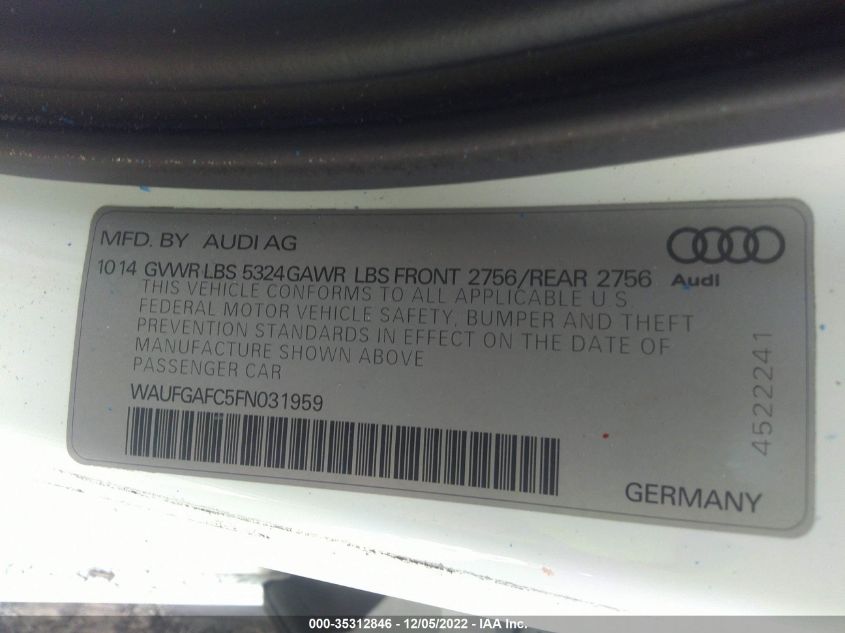 VIN WAUFGAFC5FN031959 2015 AUDI A6 no.9