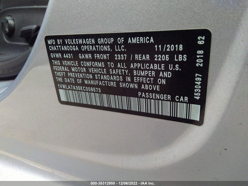 VIN 1VWLA7A35KC008573 2019 VOLKSWAGEN PASSAT 2.0T WOLFSBURG EDITION