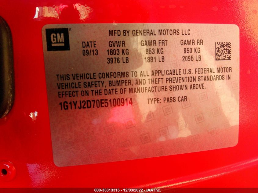 2014 CHEVROLET CORVETTE STINGRAY Z51 2LT 1G1YJ2D70E5100914