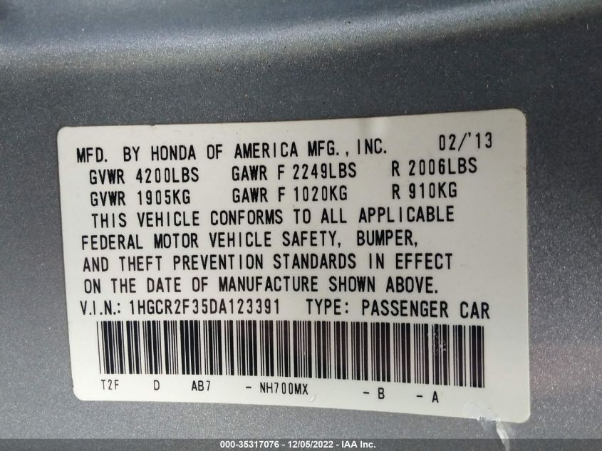 2013 HONDA ACCORD SDN LX 1HGCR2F35DA123391