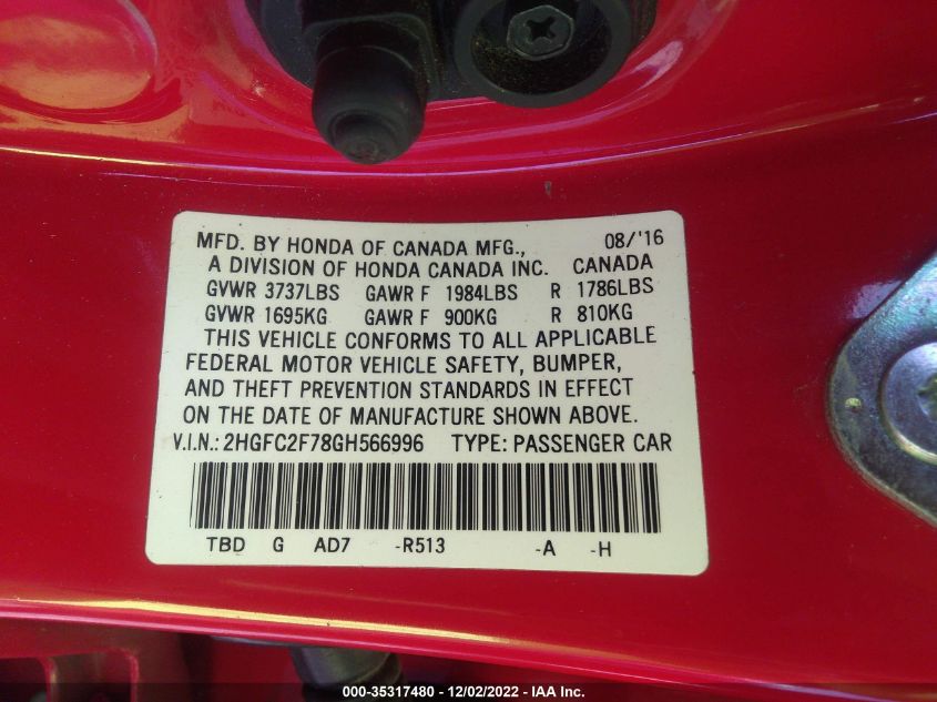 2016 HONDA CIVIC EX - 2HGFC2F78GH566996