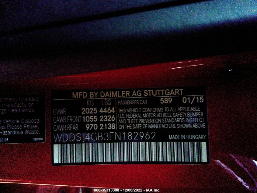 2015 MERCEDES-BENZ CLA-CLASS CLA 250 WDDSJ4GB3FN182962