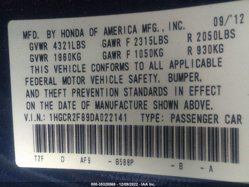 2013 HONDA ACCORD SDN EX-L 1HGCR2F89DA022141