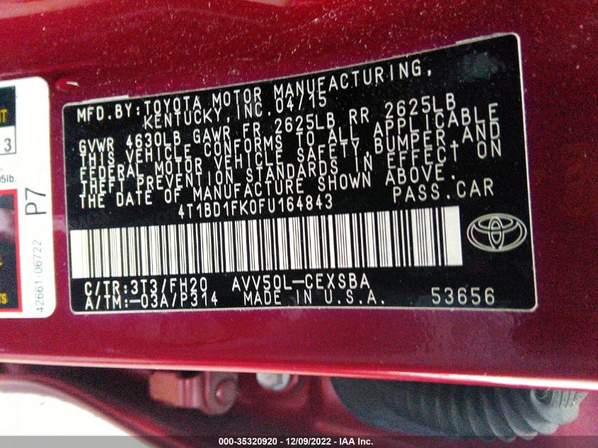 2015 TOYOTA CAMRY HYBRID LE/XLE/SE 4T1BD1FK0FU164843