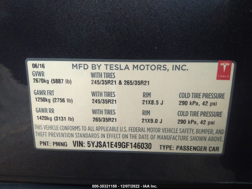 2016 TESLA MODEL S 90D/P90D/P100D/P85D 5YJSA1E49GF146030