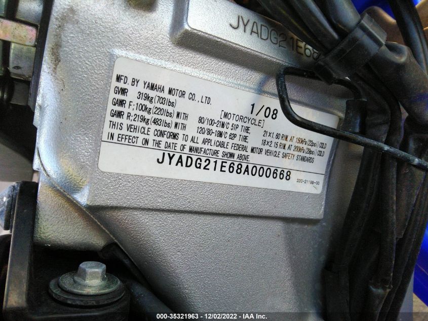 2008 YAMAHA WR250 R JYADG21E68A000668