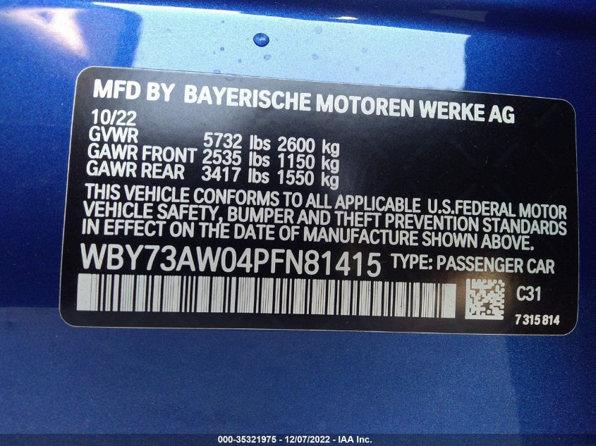 2023 BMW I4 EDRIVE40 WBY73AW04PFN81415