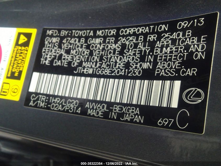 2014 LEXUS ES 300H HYBRID JTHBW1GG8E2041230