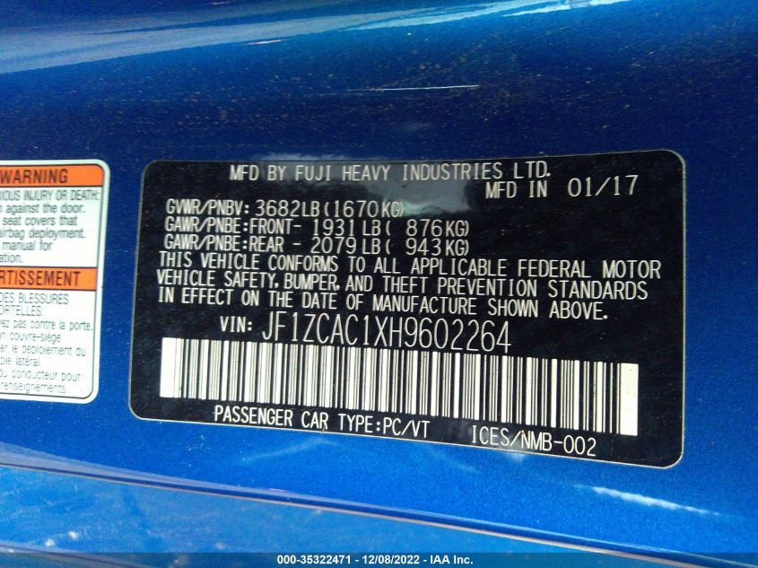 2017 SUBARU BRZ LIMITED JF1ZCAC1XH9602264