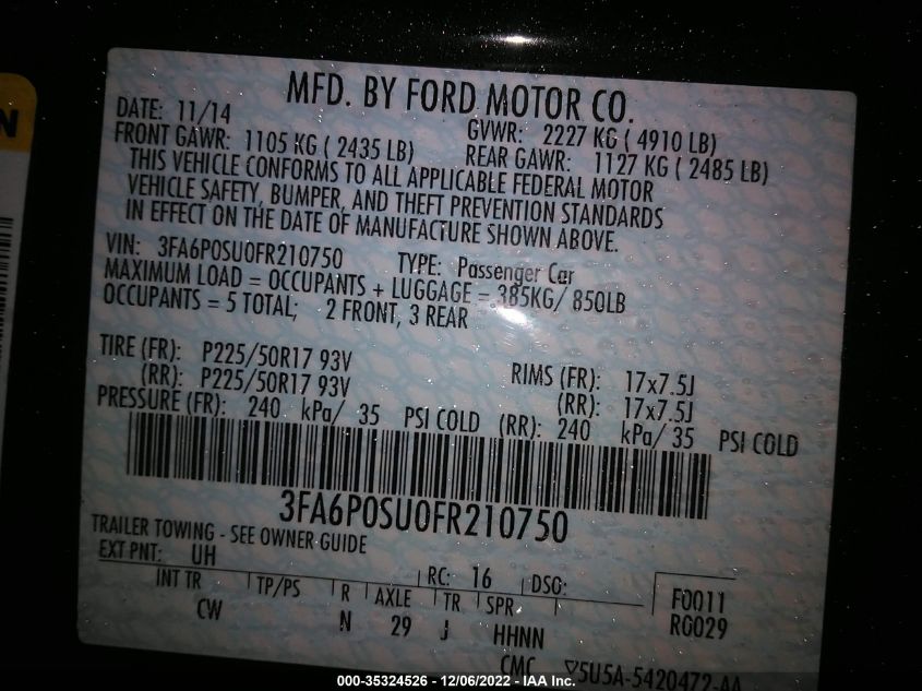 2015 FORD FUSION ENERGI TITANIUM - 3FA6P0SU0FR210750