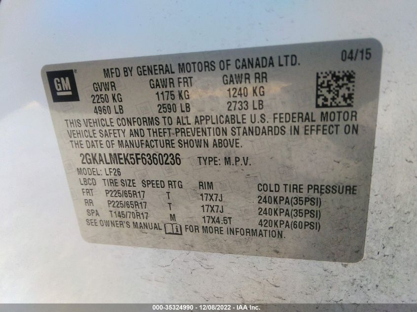 2015 GMC TERRAIN SLE 2GKALMEK5F6360236