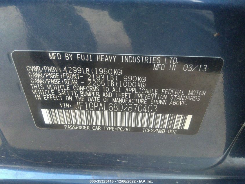 2013 SUBARU IMPREZA WAGON 2.0I SPORT PREMIUM - JF1GPAL68D2870403
