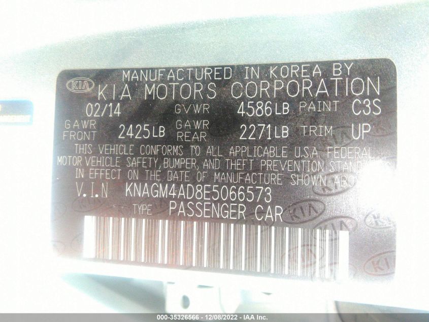 2014 KIA OPTIMA HYBRID LX KNAGM4AD8E5066573