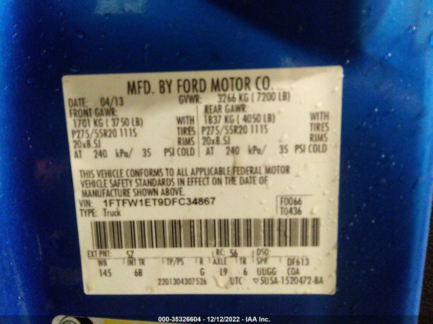 2013 FORD F-150 XL/XLT/FX4/LARIAT 1FTFW1ET9DFC34867