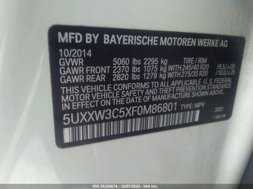 2015 BMW X4 XDRIVE28I 5UXXW3C5XF0M86801