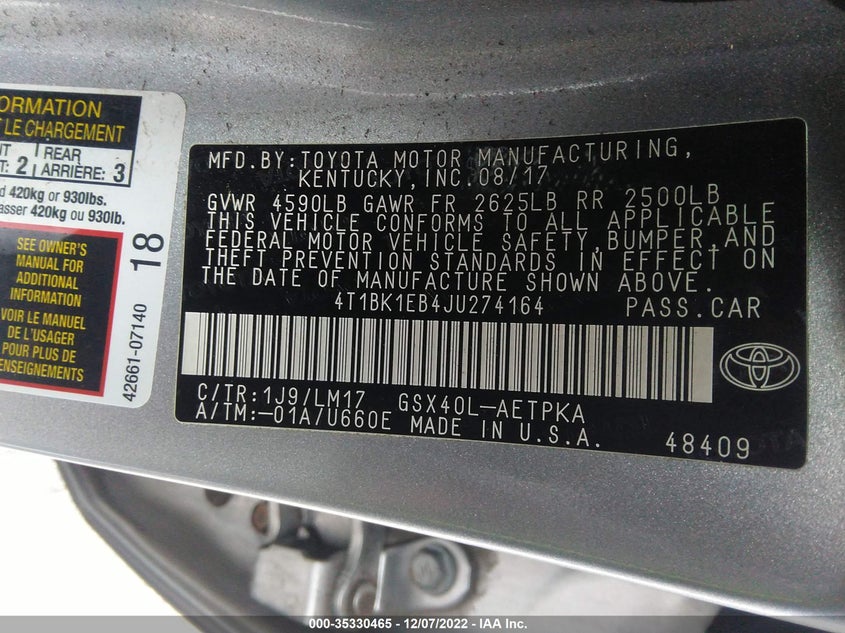 VIN 4T1BK1EB4JU274164 2018 TOYOTA AVALON XLE/XLE PLUS