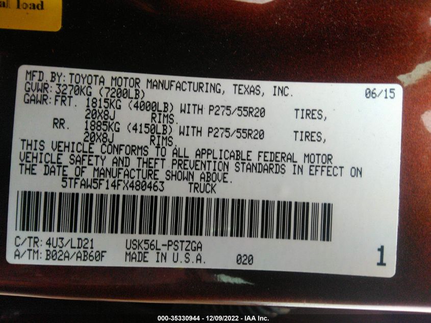 2015 TOYOTA TUNDRA 4WD TRUCK PLATINUM/1794 5TFAW5F14FX480463