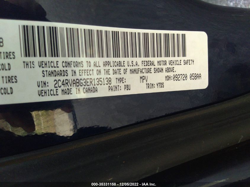 2014 VOLKSWAGEN ROUTAN SE W/RSE & NAVIGATION 2C4RVABG3ER135138