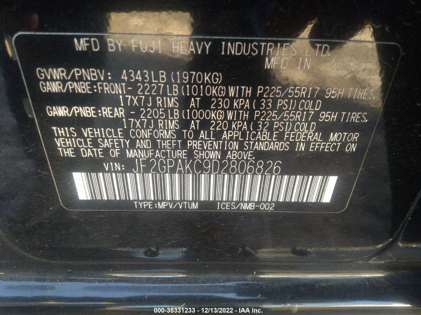 2013 SUBARU XV CROSSTREK LIMITED JF2GPAKC9D2806826