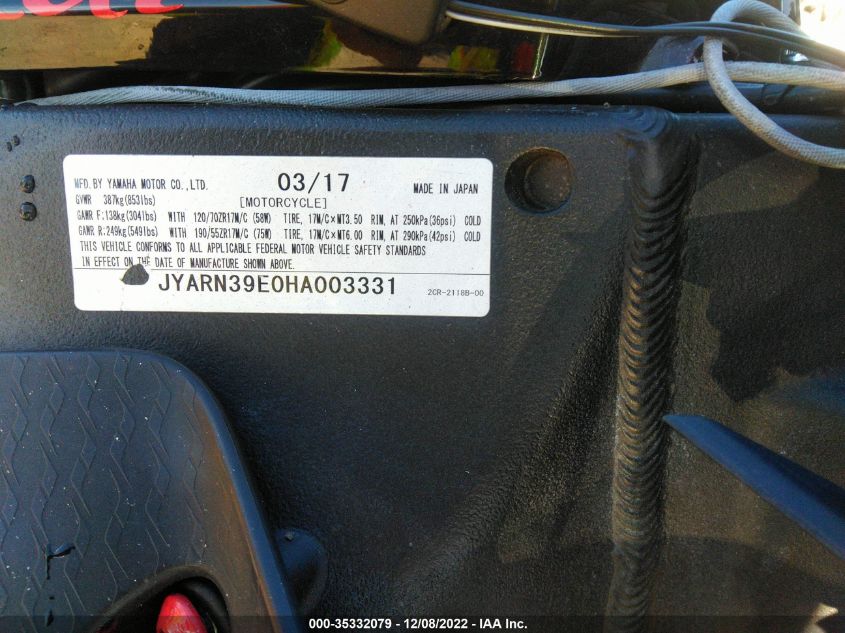 2017 YAMAHA YZFR1 JYARN39E0HA003331