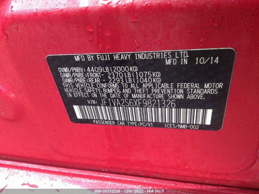 2015 SUBARU WRX STI LIMITED JF1VA2S6XF9821326