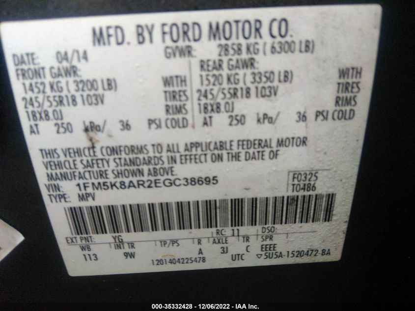2014 FORD UTILITY POLICE 1FM5K8AR2EGC38695