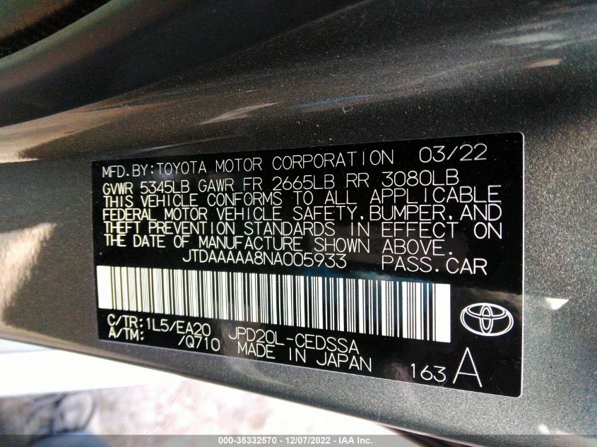 2022 TOYOTA MIRAI XLE/LIMITED JTDAAAAA8NA005933