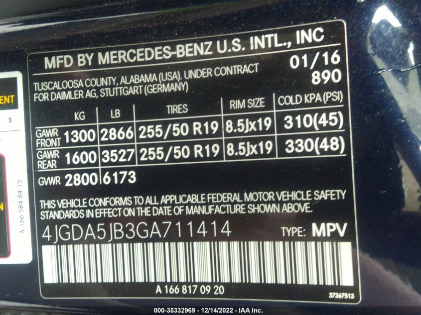2016 MERCEDES-BENZ GLE GLE 350 - 4JGDA5JB3GA711414