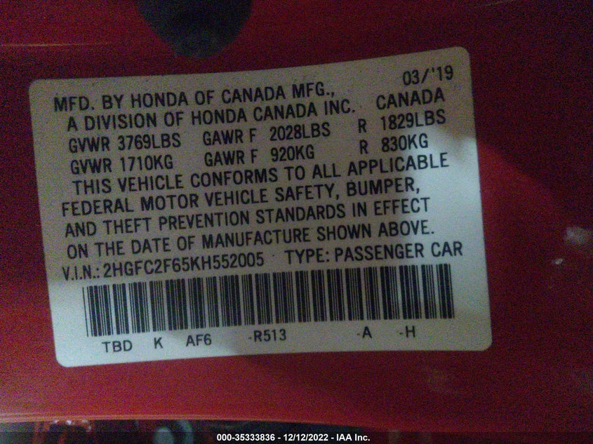 VIN 2HGFC2F65KH552005 2019 HONDA CIVIC SEDAN LX