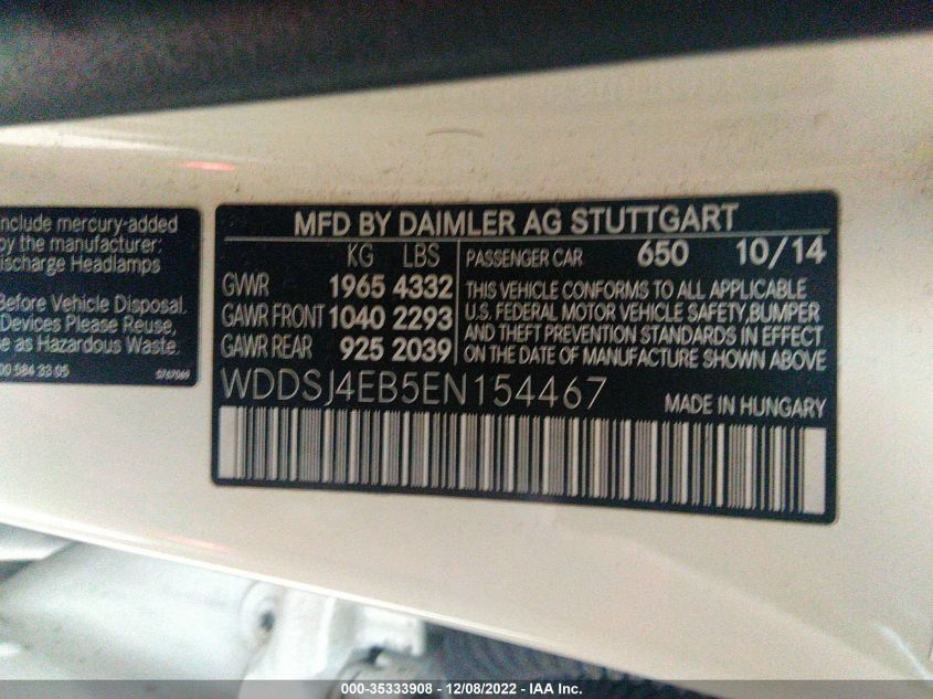 2014 MERCEDES-BENZ CLA-CLASS CLA 250 WDDSJ4EB5EN154467