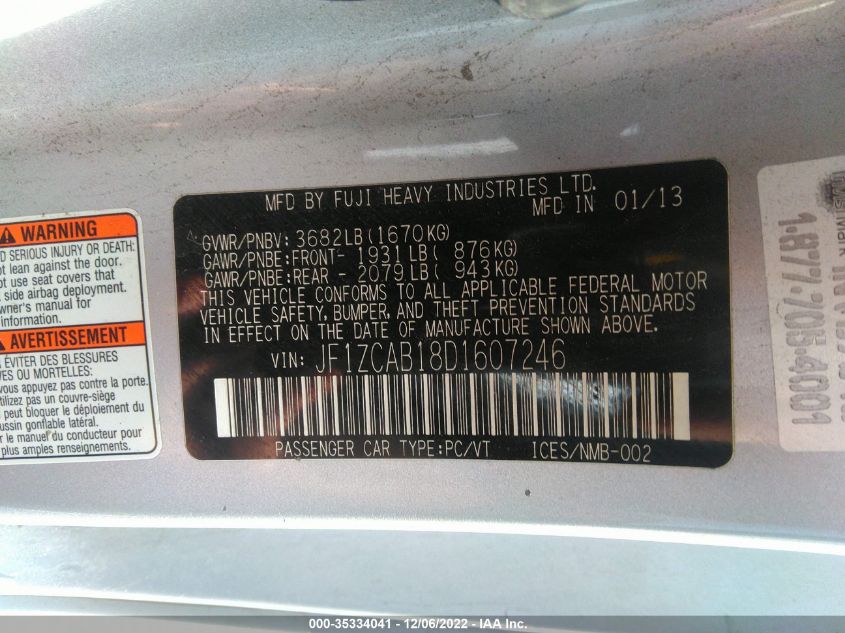 2013 SUBARU BRZ PREMIUM JF1ZCAB18D1607246